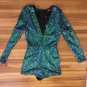 Motel Long Sleeve Green Sequin Romper NWT